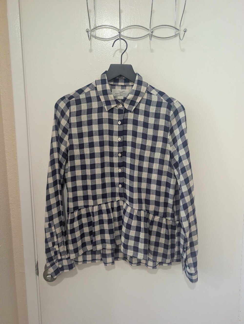 Trovata Birds of Paradis Black and White Linen Checkered Peplum Blouse